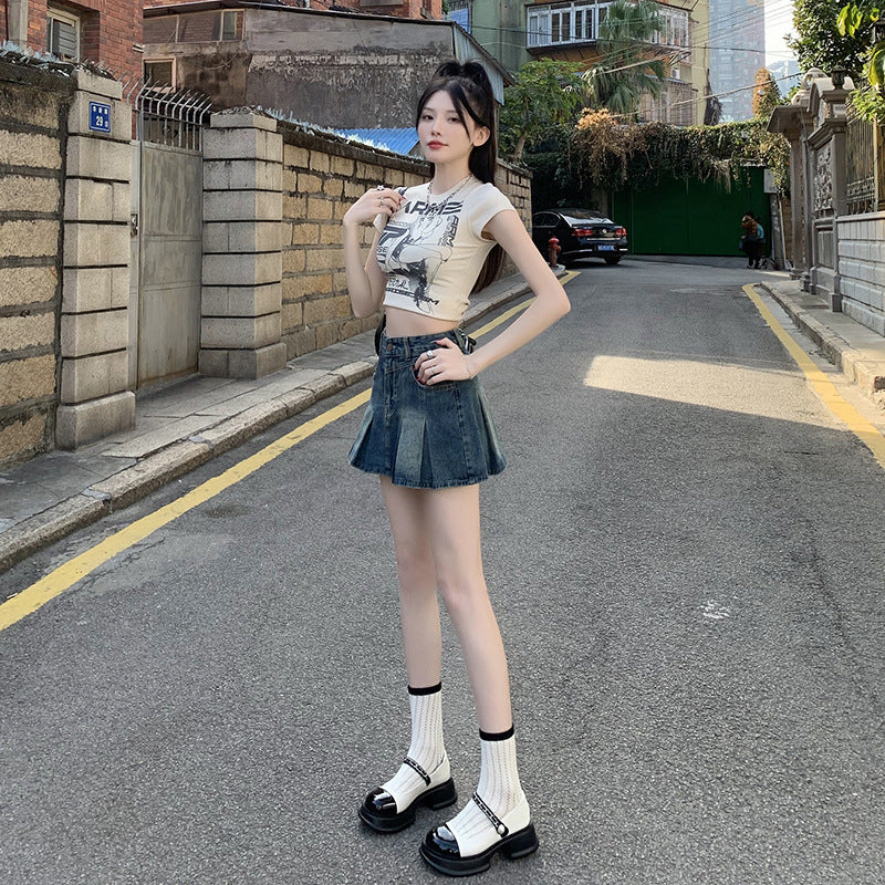 Denim Pleated For Women Summer High Waist Anti-exposure Skirt