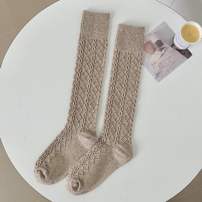 Autumn And Winter Thick Warm Hemp Pattern Solid Color Knee-length Cashmere Socks