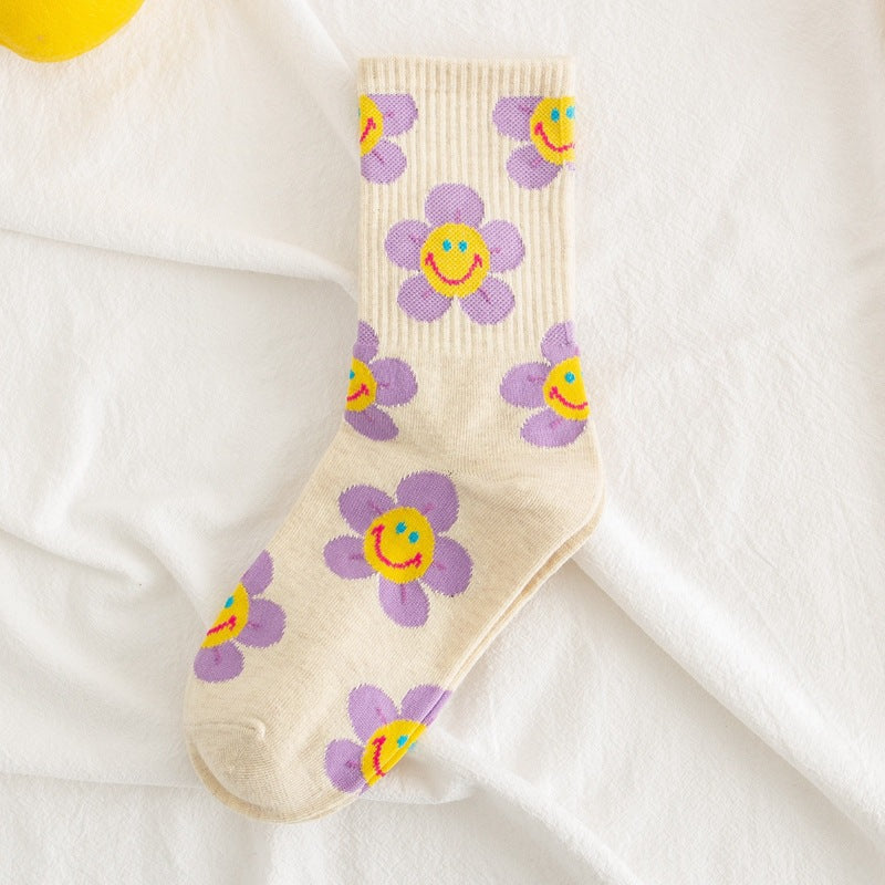 Socks Women's Smiling Flower Female Middle Tube Socks SUNFLOWER Jacquard Socks