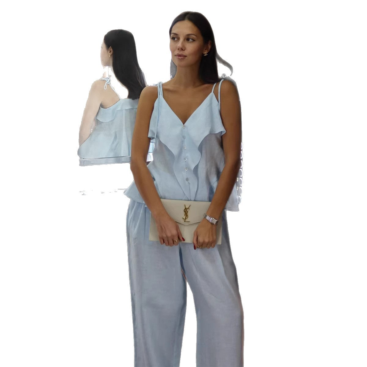 Ruffle-trimmed Camisole And Casual Wide-leg Pants Set