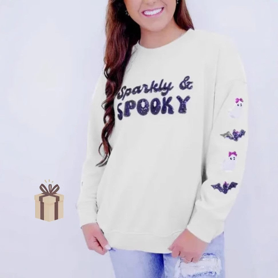 Womens Crew-Neck Halloween Sequin Hoodie