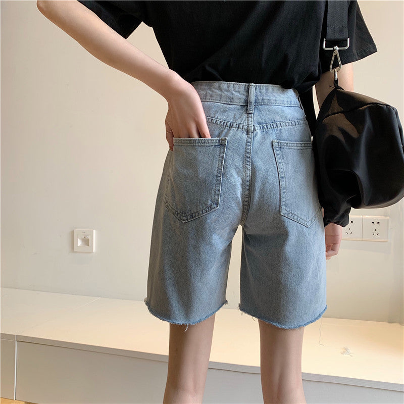 High-waisted slim-hole ruffled five point jeans