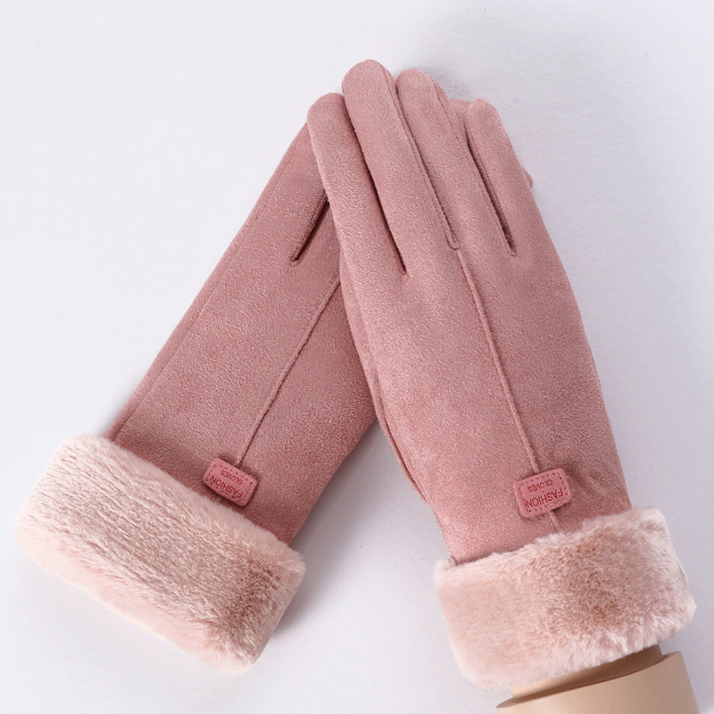 Suede warm gloves double layer plus velvet thick wind and cold riding touch screen gloves