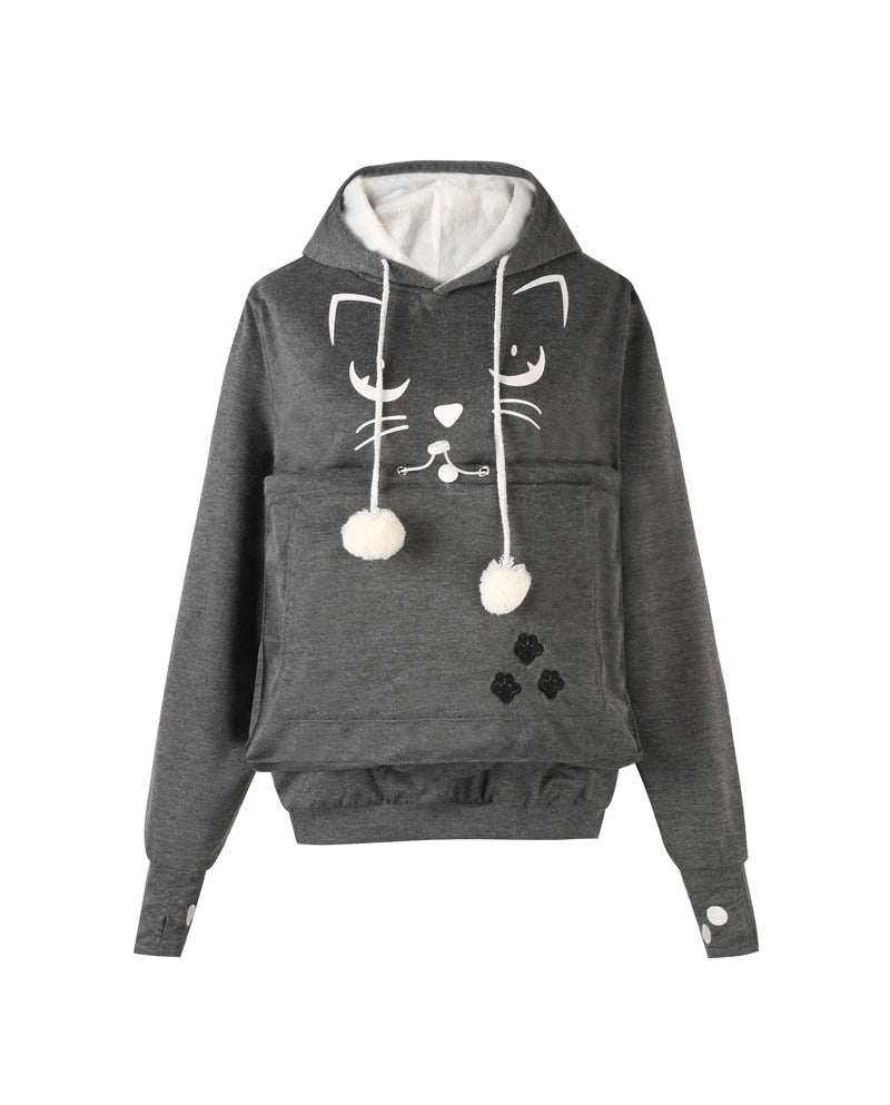 Autumn And Winter Letter Cat Face Printed Coat Alien Cat Kangaroo Long Sleeve Hooded Sweater Women