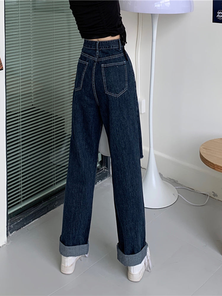 Ladies Ripped High Waist Straight Loose Wide Leg Pants