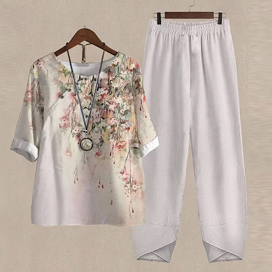 Spring New Women's Five-quarter Sleeve Printed Top Two-piece Pants