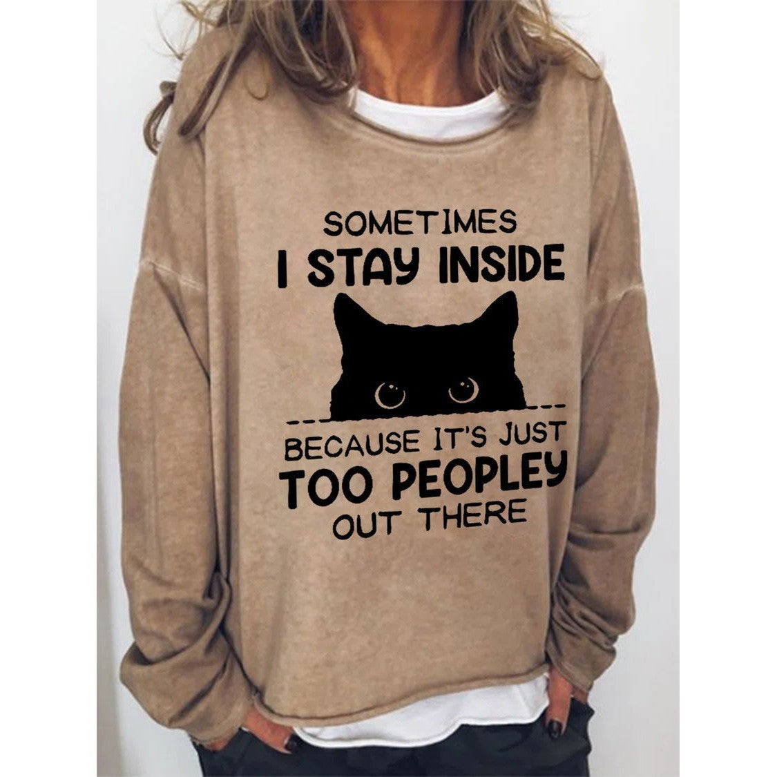 Black Cat English Round Neck Long-sleeved Pullover Top