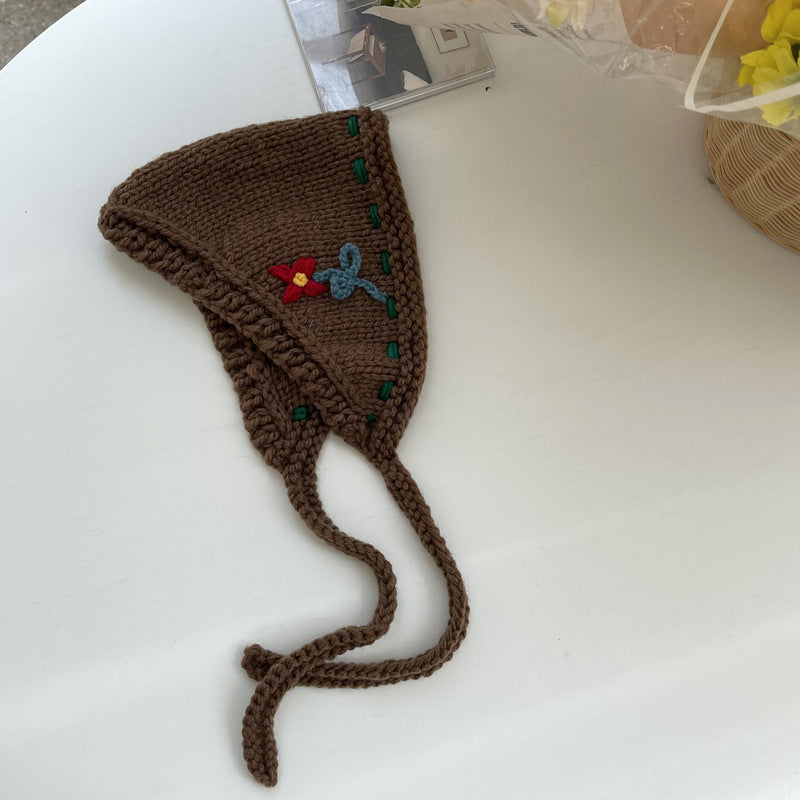 Cute Girl Handmade Wool Flower Lace Up Headscarf Warm-keeping Earmuffs