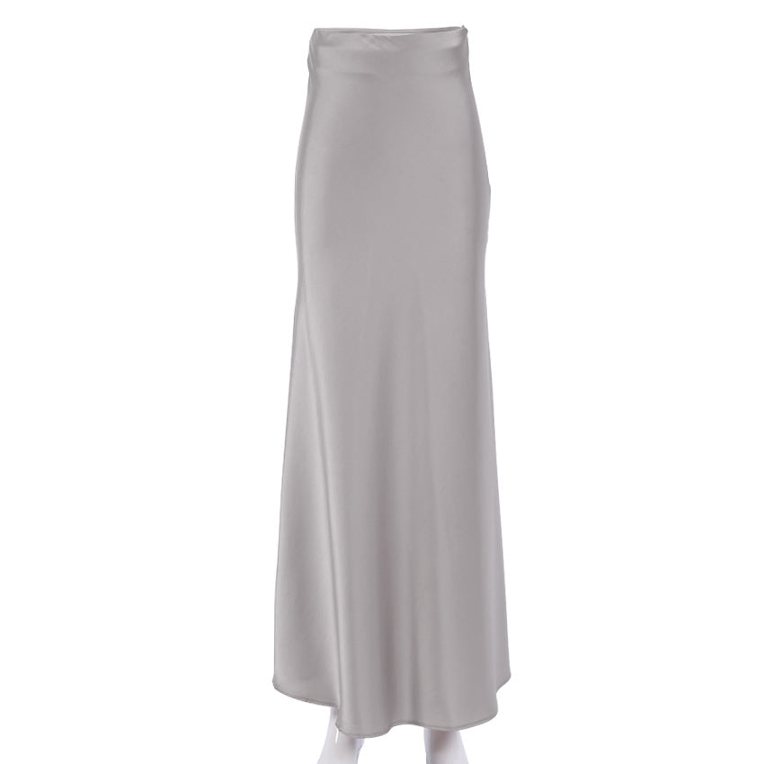 Long Sleeve High Waist Artificial Silk Elegant Fishtail Skirt Draping Satin Slit Skirt