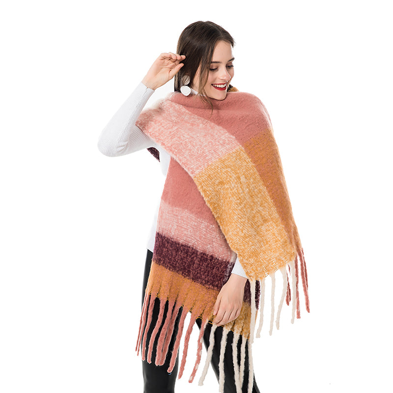 Check print fringed cashmere scarf