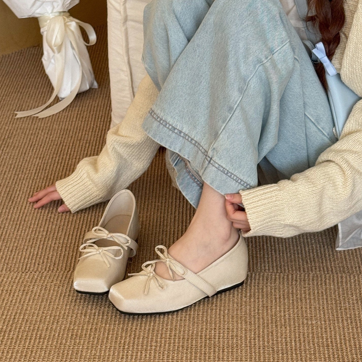 Bow Shoes With Hidden Heels Women's Shallow Mouth Mary Jane Shoes