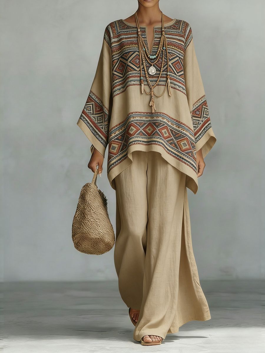 Women's Floral Print Linen Wide-Leg Two-Piece Set