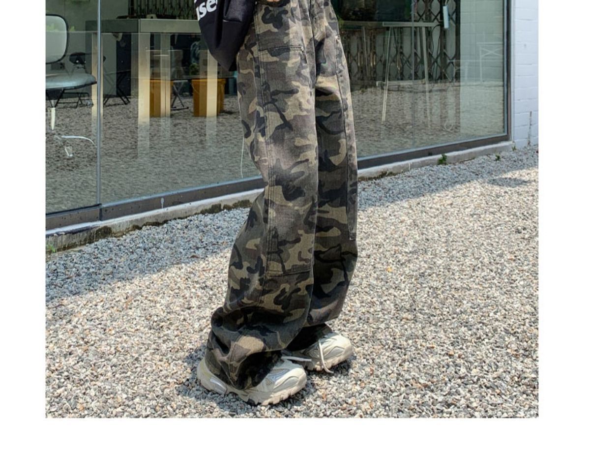 Camouflage-arbejdsjeans til kvinder, lige løs retro hiphop-stil højtaljede ekstra lange bukser med brede ben