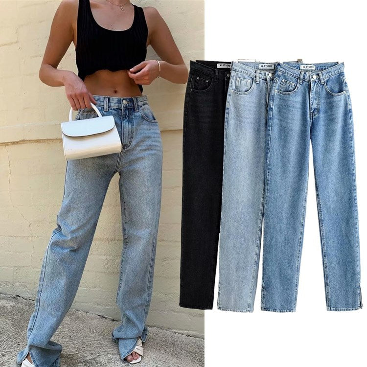 High waist floor split straight jeans