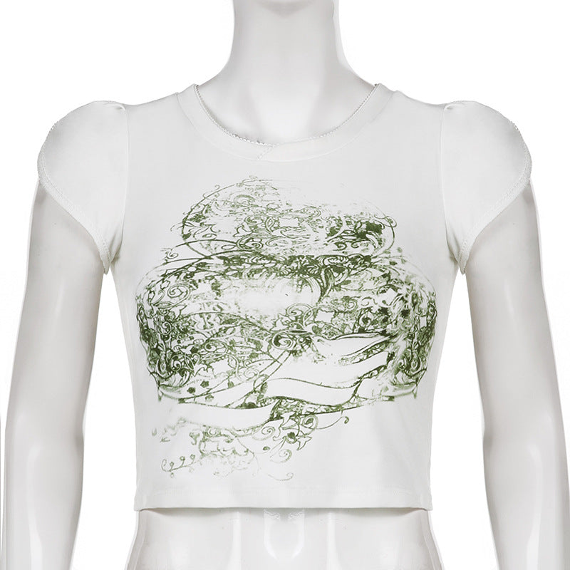 European And American Retro Print Slim Round Neck Cropped T Shirt Top