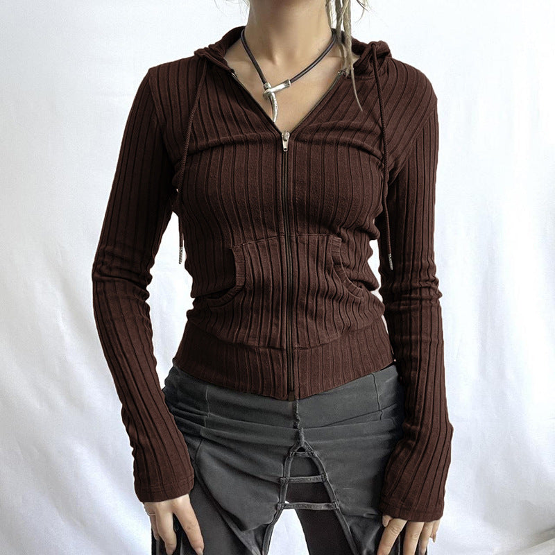 Slim Fit Sunken Stripe Knitted Hooded Zipper Pocket Coat Women