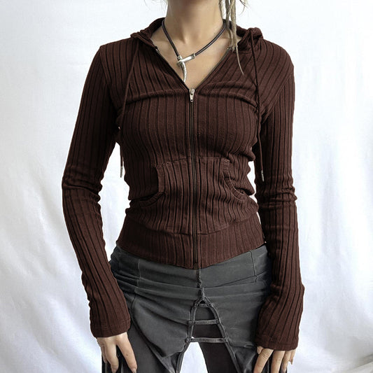 Slim Fit Sunken Stripe Knitted Hooded Zipper Pocket Coat Women