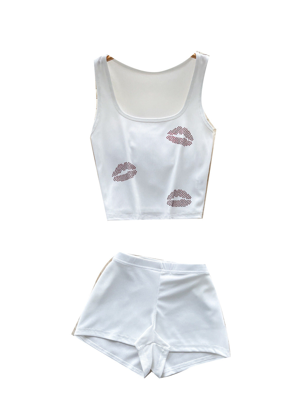 Lip-kiss Rhinestone Square-neck Sleeveless Tank Top With High-waisted Leggings And Shorts
