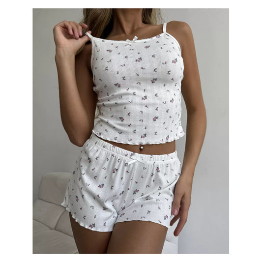 Printed Jacquard Ruffle-Trim Pajama Set