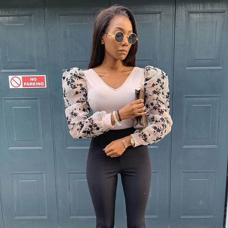 Women's mesh embroidered long-sleeved slim V-neck jumpsuit