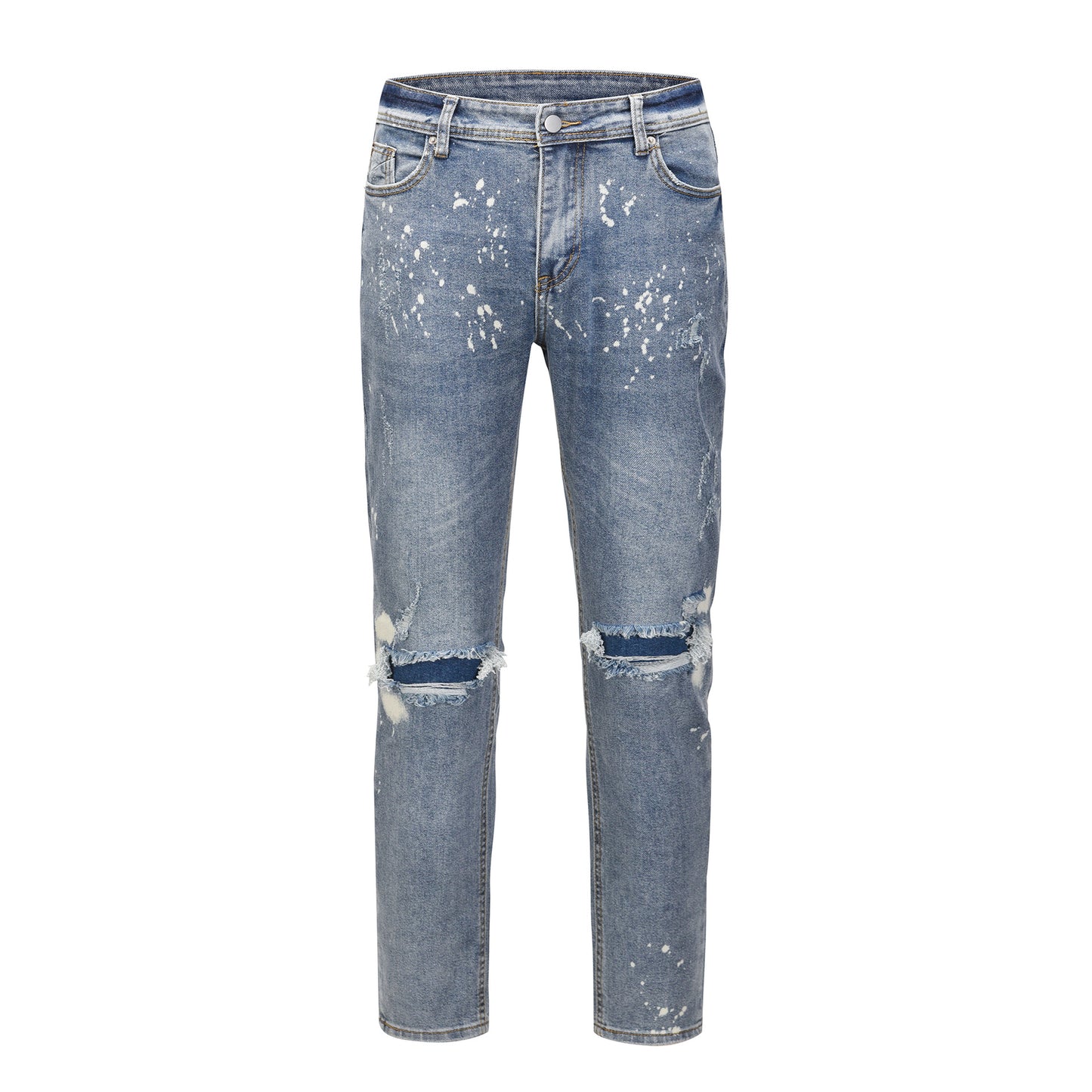 Light Blue Jeans With Splashed Ink And Ripped Elastic Wash