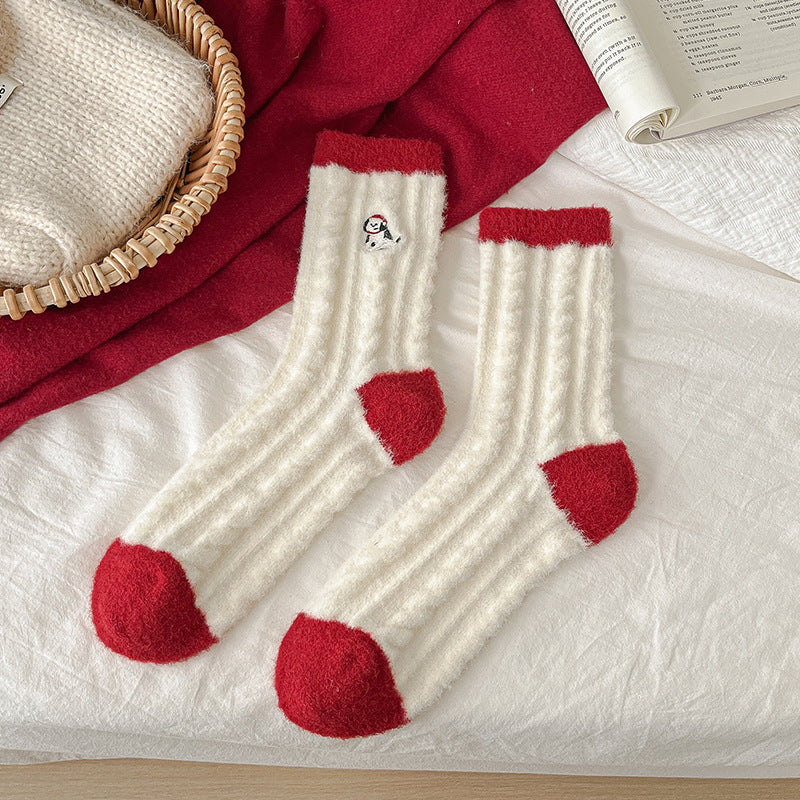 New Christmas Stockings Women's Cartoon Embroidered Snowman Middle Tube