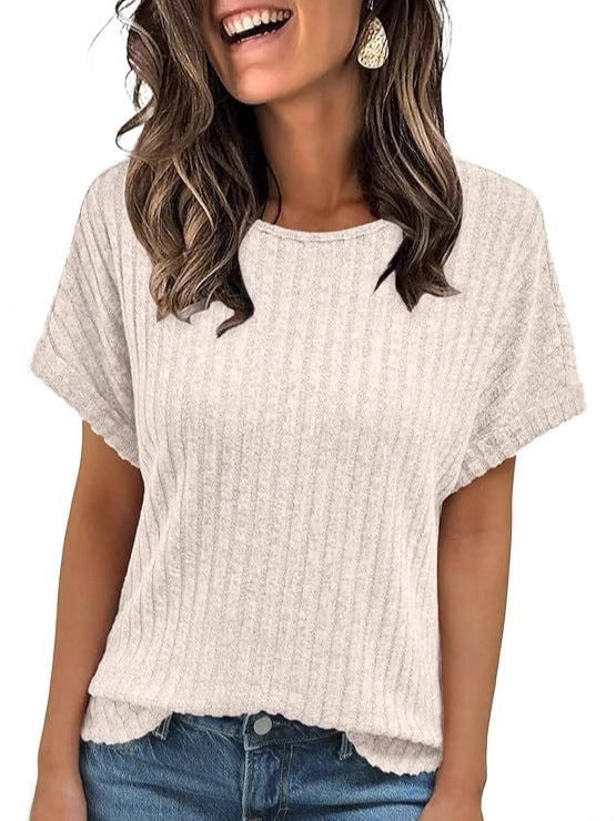 Solid Color Round Neck Sunken Stripe Casual Short-sleeved T-shirt For Women