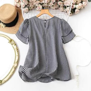 Bohemian Linen Plus-size Plaid Round-neck Loose Slimming Top