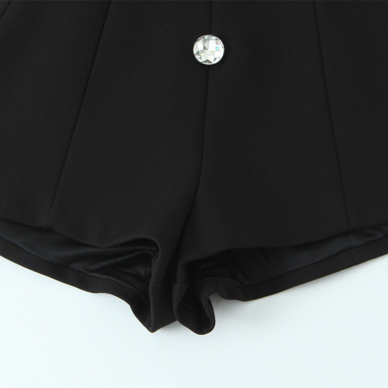 Womens Fashion Jewelry-Embellished Button-Trimmed Short Jumpsuit