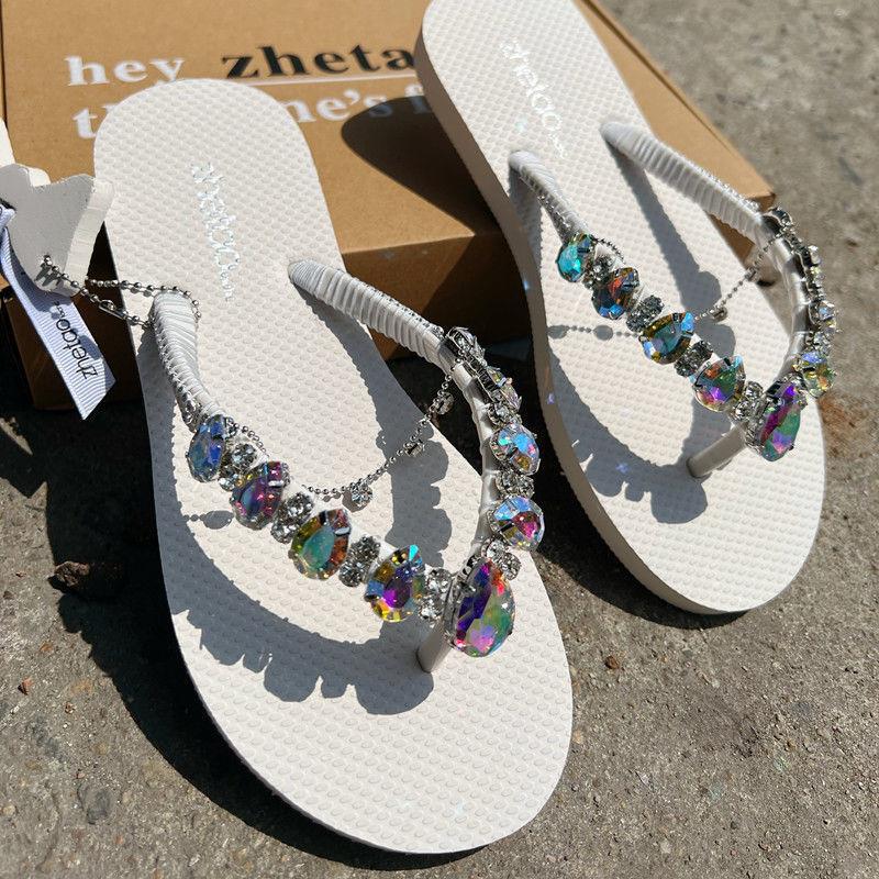 Women's Flat Bottom Bright Diamond Solid Color Non-slip Casual Beach Slippers