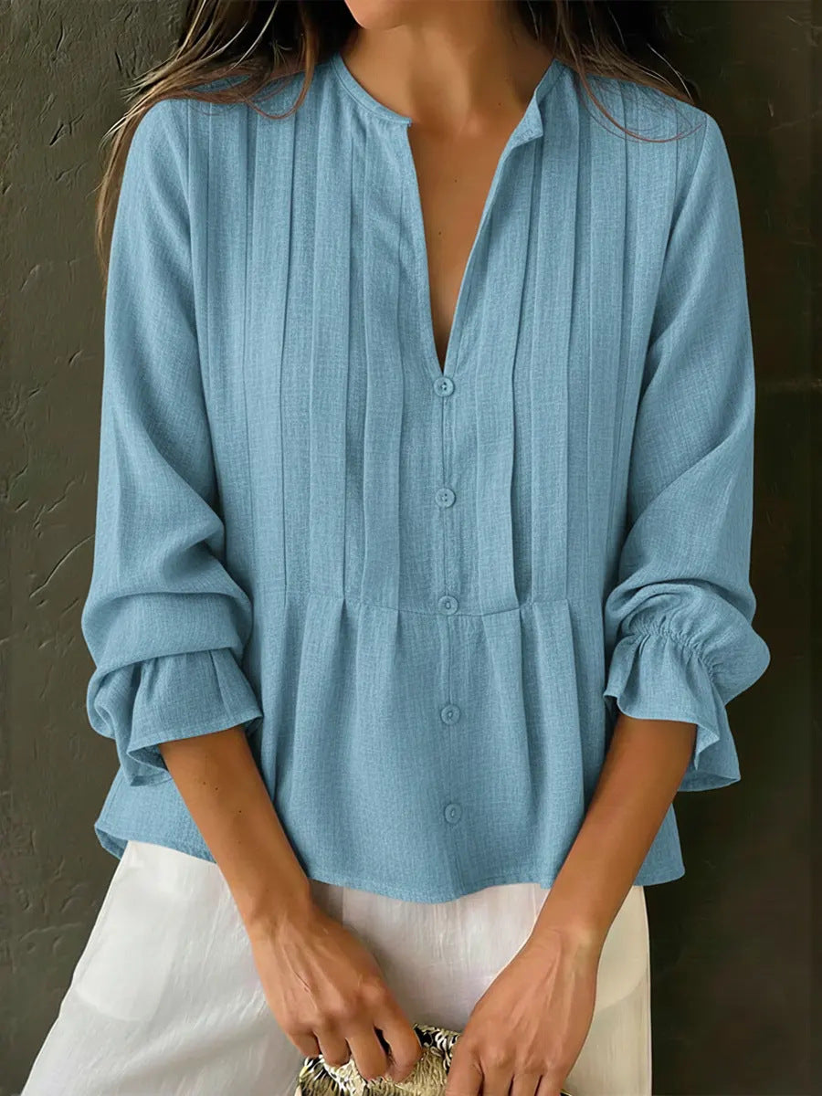 Casual Solid-color V-neck Long-sleeve Striped Cotton-linen Top
