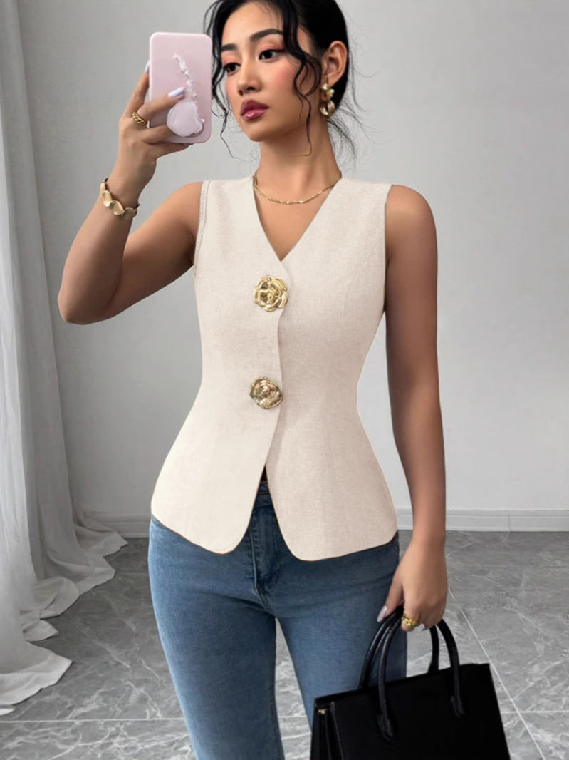 Sleeveless Rose Button Slim Vest Elegant Commute