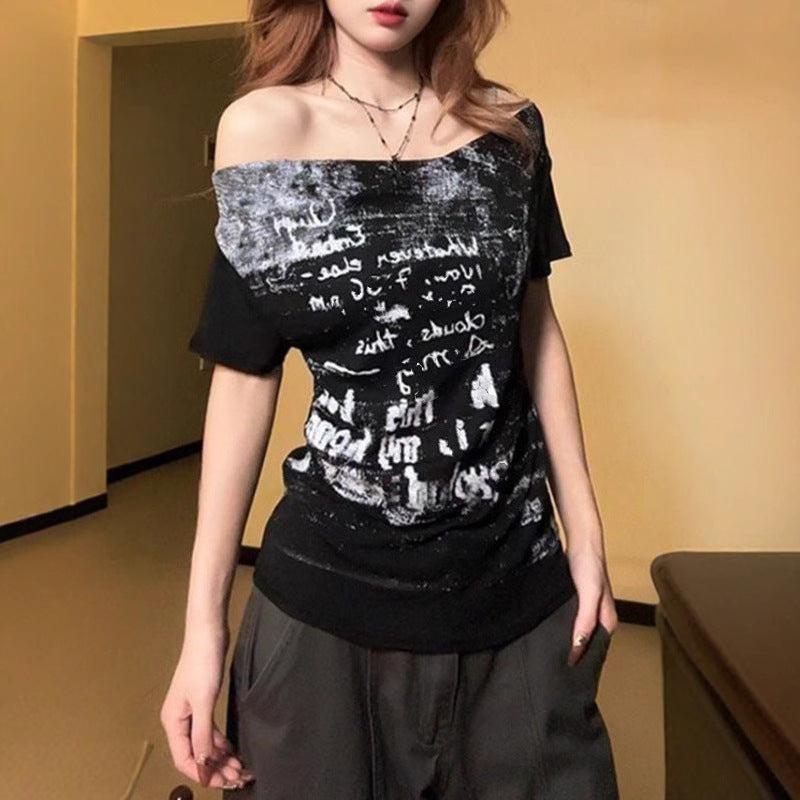 American-style Retro Off-shoulder Boat-neck Short-sleeve T-shirt