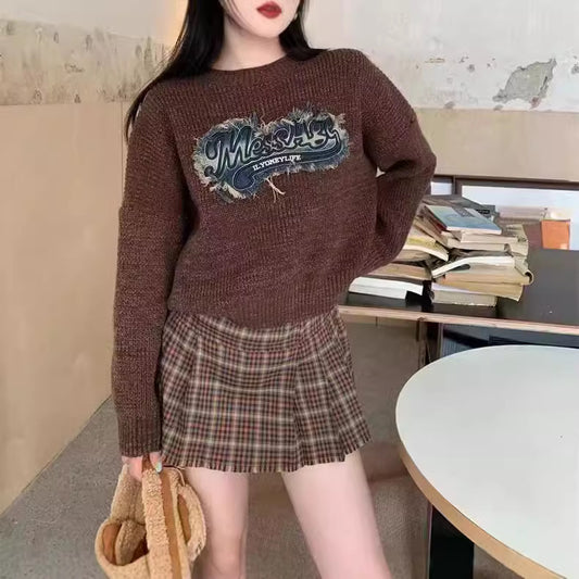 Tassel Denim Pattern Round Neck Sweater Top