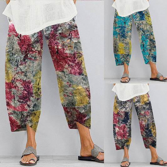 Cotton and linen printed cropped trousers