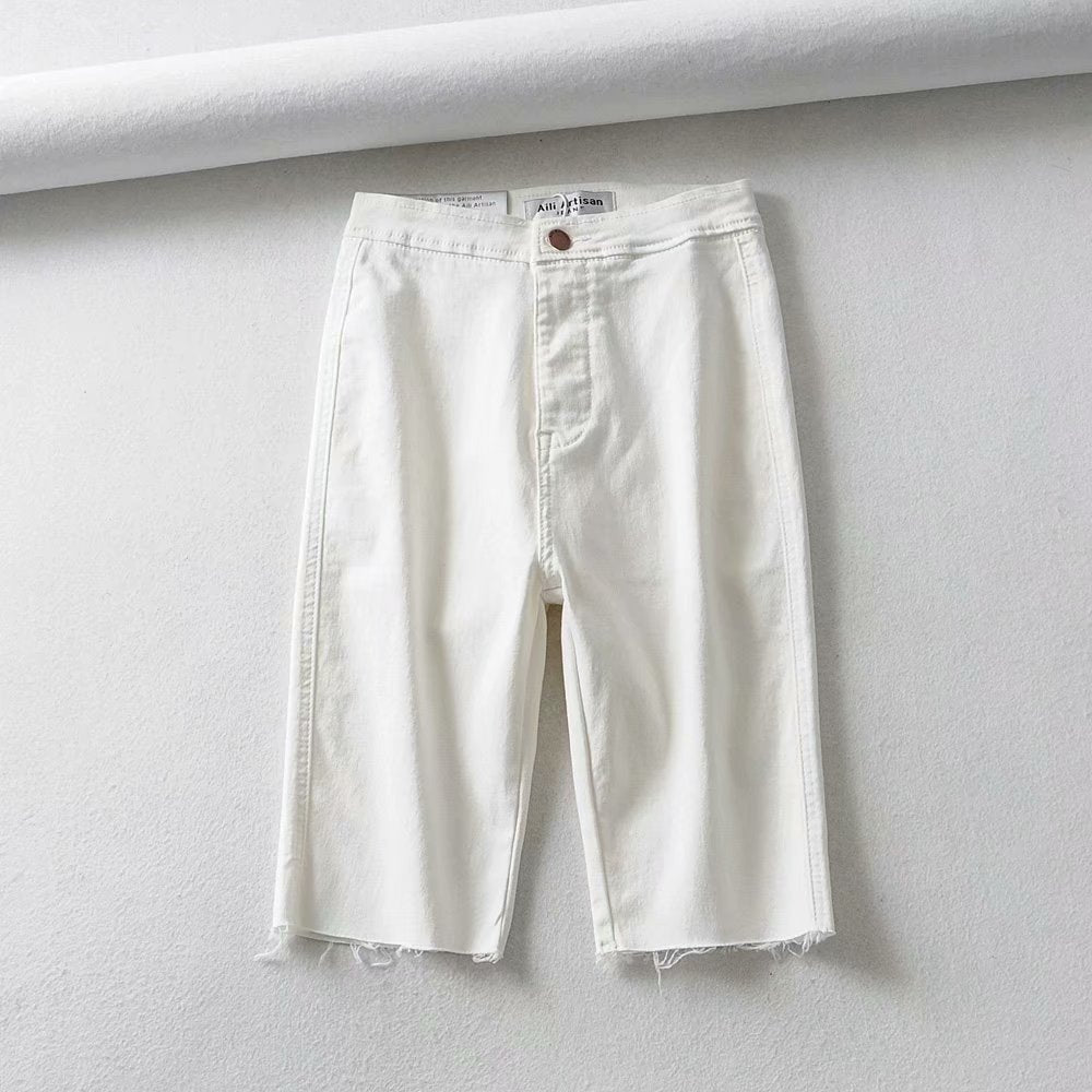 Black and White Slim High-Waist Stretch Five-Point Pants