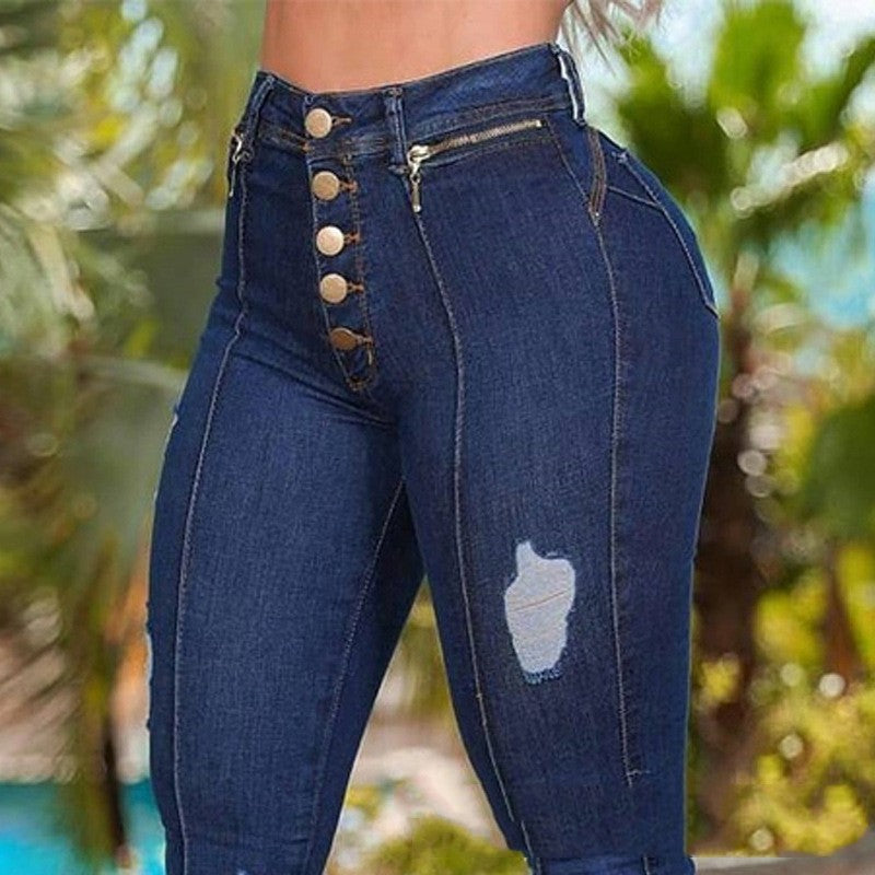 Mode Damebeklædning Knap Skinny Jeans