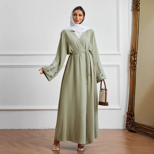 Fashionable Elegant Cardigan Belt Embroidered Dress Robe