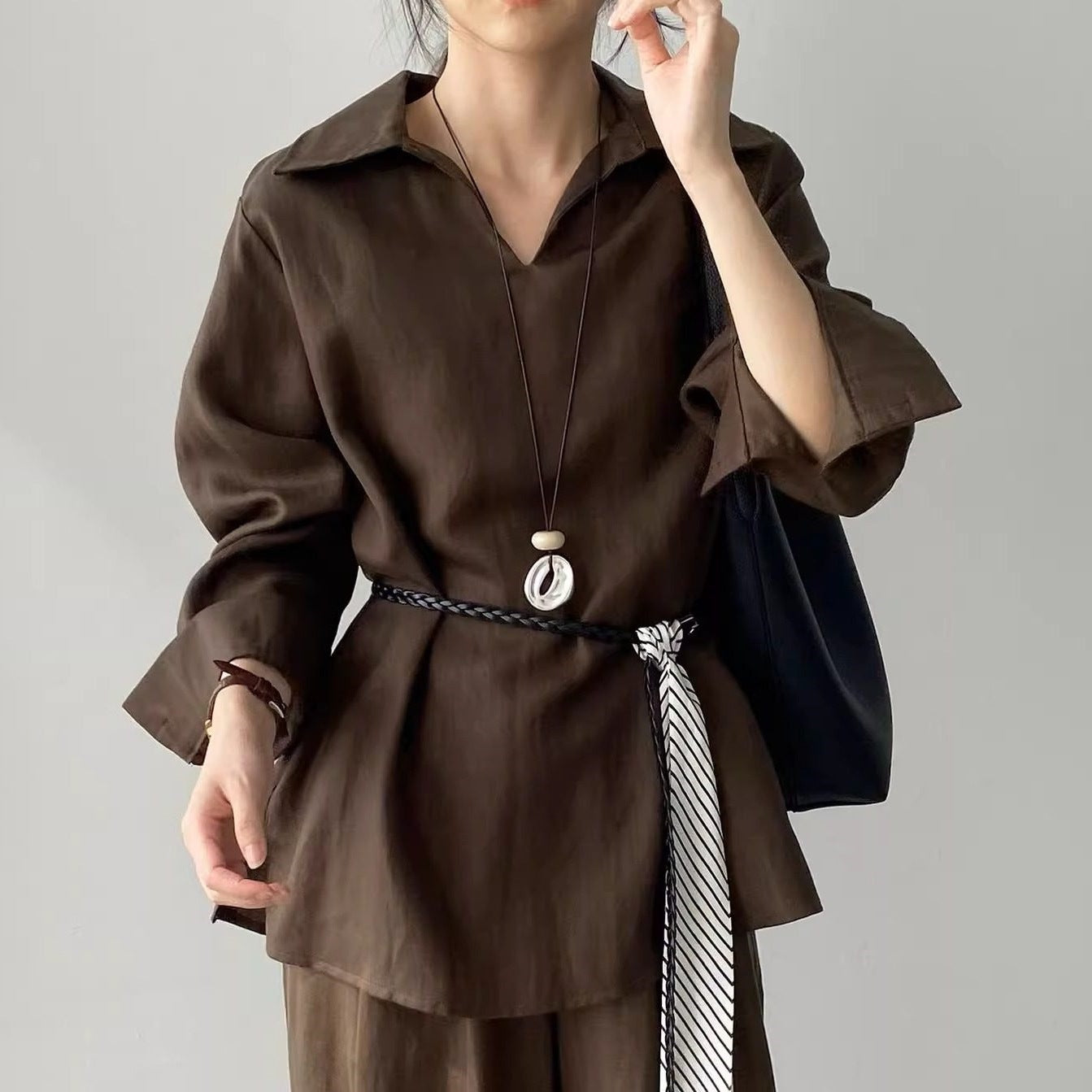 Women's Casual Shirt And Elastic-Waist Wide-Leg Pants Two-Piece Set