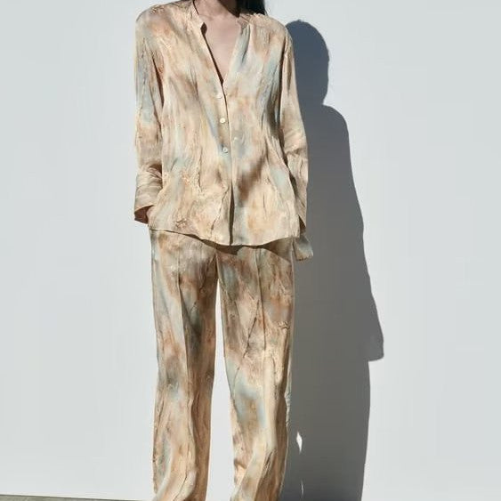 Fashion Simple Asymmetric Tie-dye Printed Shirt Straight-leg Pants Suit
