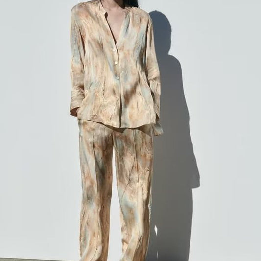 Fashion Simple Asymmetric Tie-dye Printed Shirt Straight-leg Pants Suit