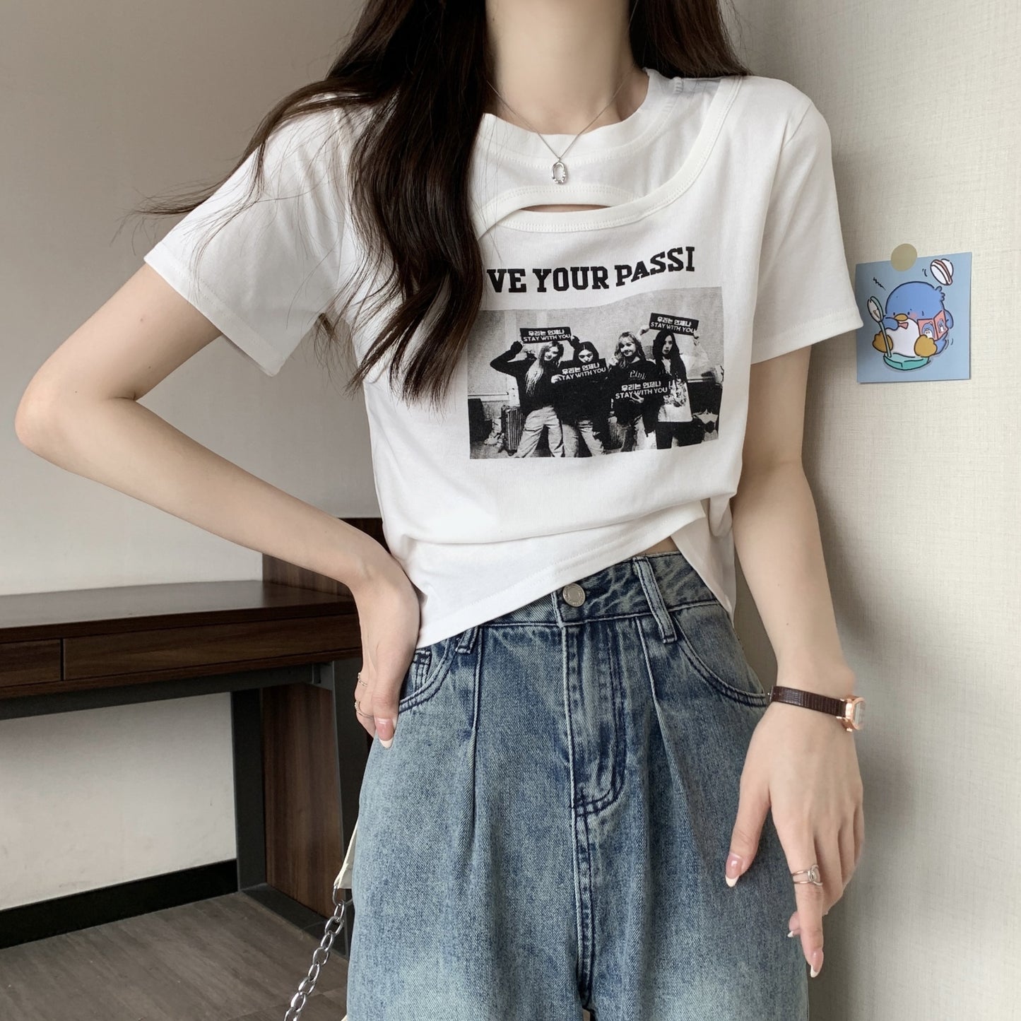 High-Waisted Midriff-Baring Retro American-Style Short-Sleeve T-Shirt