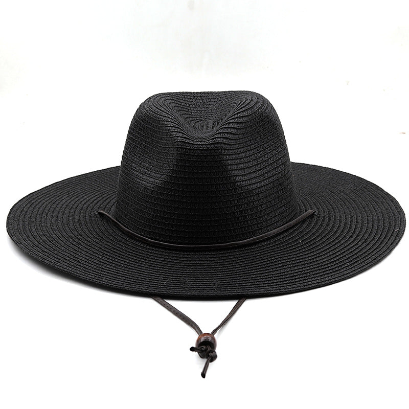 Paper Woven Panama Straw Hat Windproof Rope Flat Big Brim Sunscreen Beach