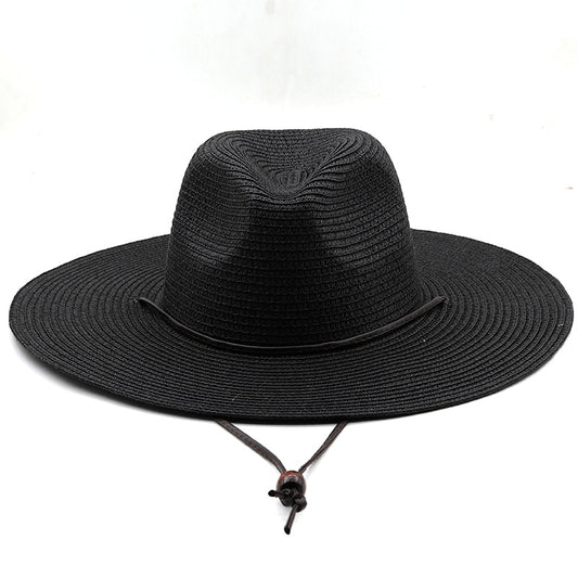 Paper Woven Panama Straw Hat Windproof Rope Flat Big Brim Sunscreen Beach