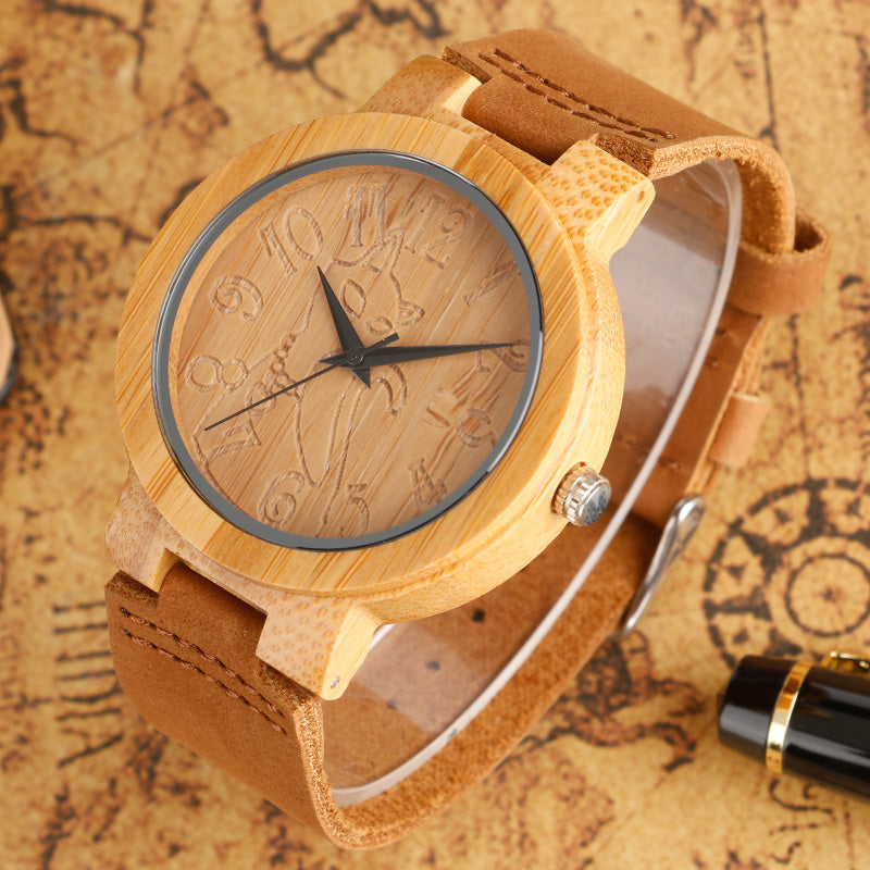 Bamboo wood craft quartz movement cat shape