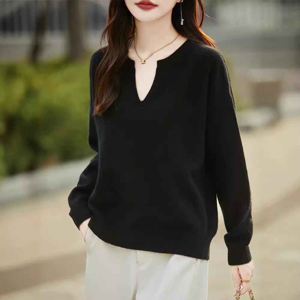 Women's Wool Sweater V-neck Drop-shoulder Pullover