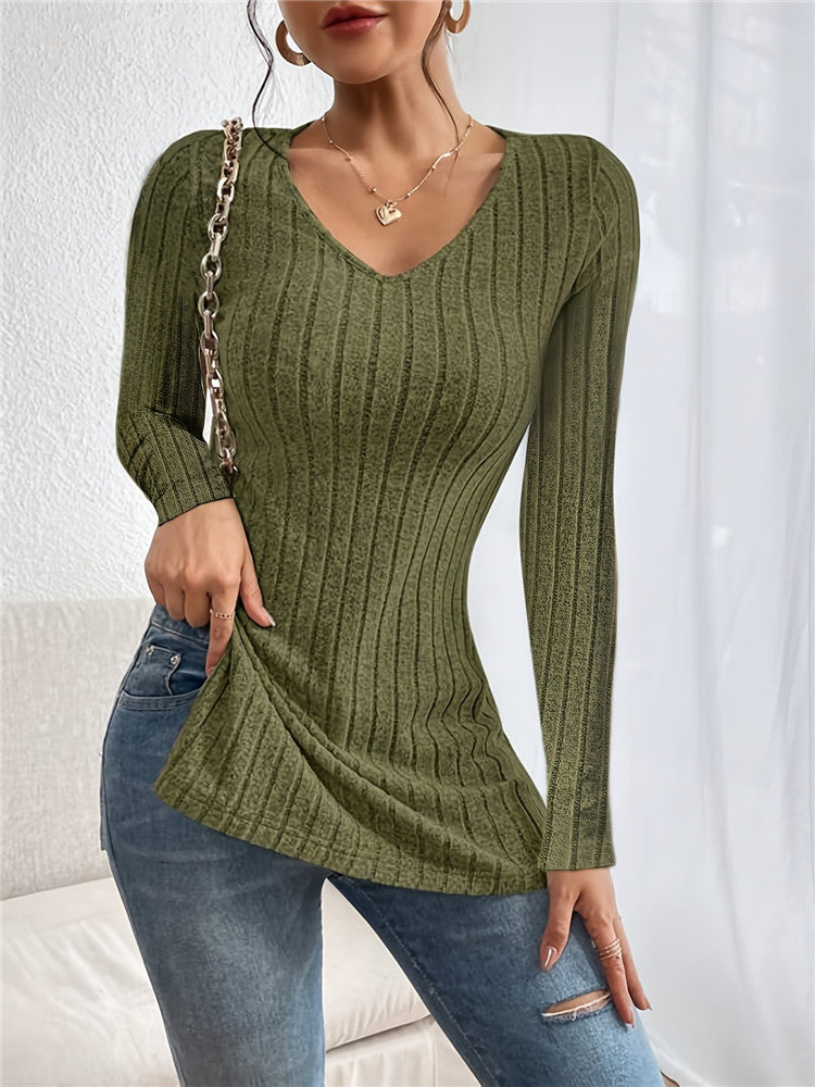 Women's Autumn Winter Coat V-neck Long Sleeve Sunken Stripe Brushed T-shirt