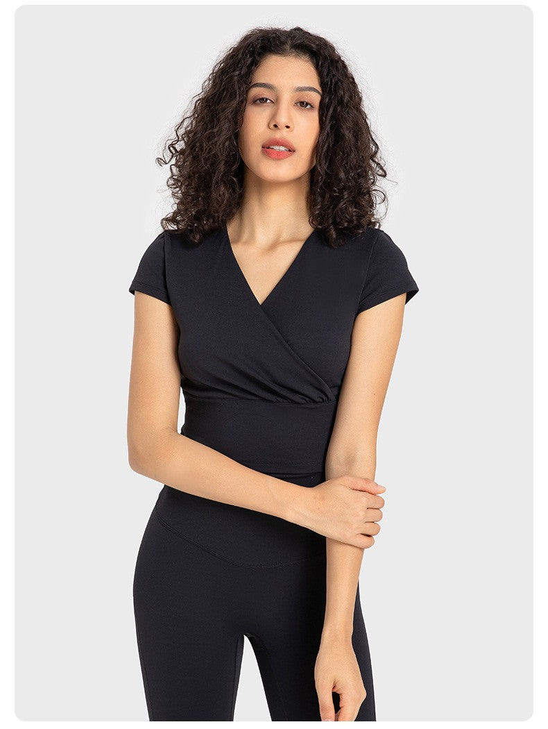 Nylon Cross Pleated Sexy V-neck Sports Short Sleeve With Chest Pad