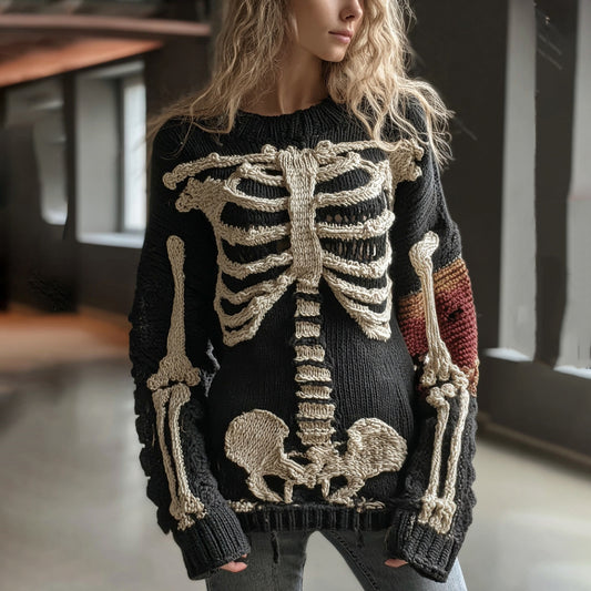 Womens 3D Digital-print Crew-neck Loose Sweater