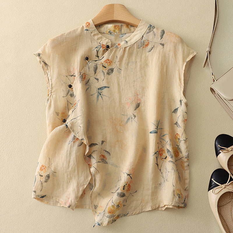 Women's New Chinese-style Sleeveless Shirt With Crossbody Buckle Printed Retro And Hipster Style Top